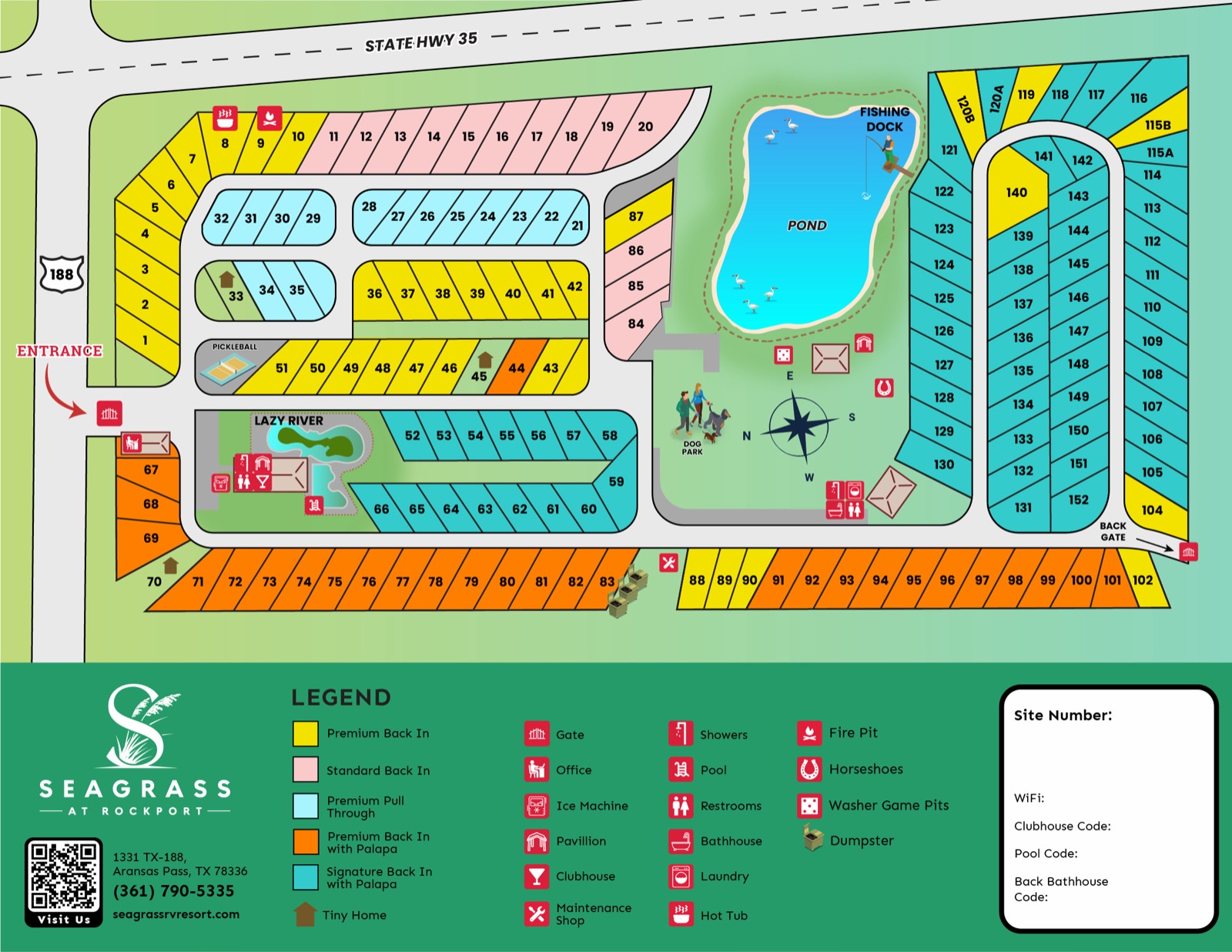 Map of RV Park Demo showing site layout, roads, and amenities.